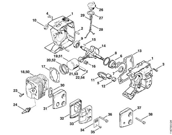 Carter albero a gomito, cilindro Motoseghe a benzina (MS) 020 (1114) della marca STIHL