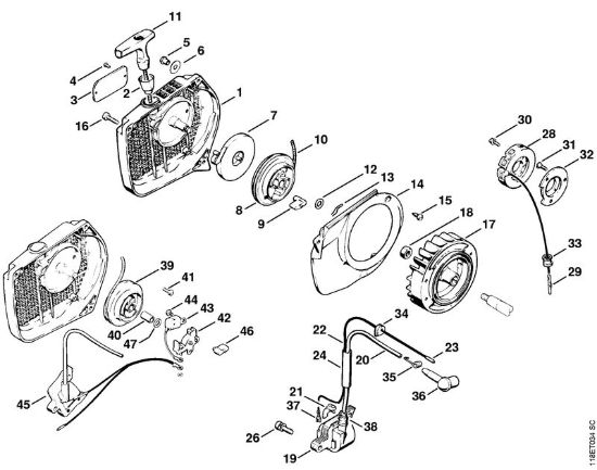 Dispositivo avviamento (Saltarello), impianto di accensione (elettronico) Motoseghe a benzina (MS) 028 W della marca STIHL
