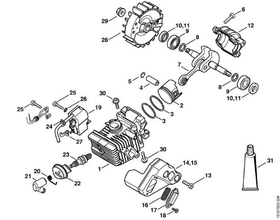 Cilindro con pistone, impianto di accensione Motoseghe a benzina (MS) MS 192 C-E della marca STIHL