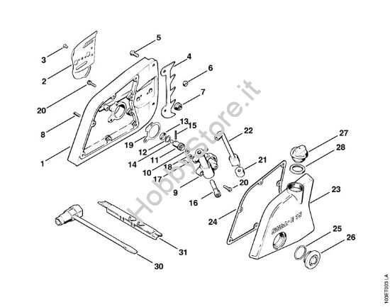 Coperchio rocchetto catena, pompa olio, Attrezzi Elettroseghe (MSE) E 15 della marca STIHL
