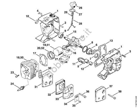 Carter albero a gomito, cilindro Motoseghe a benzina (MS) 020 (1114) della marca STIHL
