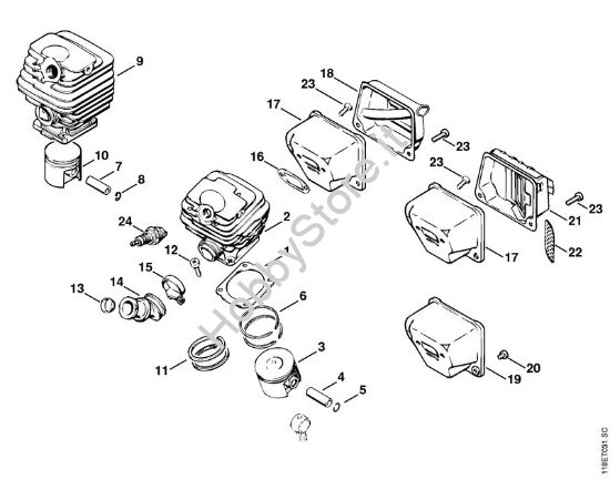 Cilindro, silenziatore Motoseghe a benzina (MS) 028 Q della marca STIHL