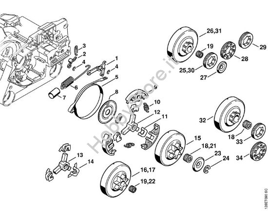 Freno catena, frizione Motoseghe a benzina (MS) 034 della marca STIHL