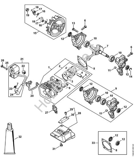 Cilindro con pistone, impianto di accensione Motoseghe a benzina (MS) MS 151 TC-E della marca STIHL