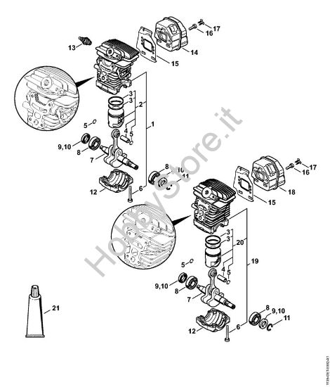 Cilindro, silenziatore Motoseghe a benzina (MS) MS 181 della marca STIHL