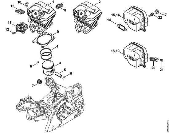 Cilindro, silenziatore Motoseghe a benzina (MS) MS 241 C-M VW della marca STIHL