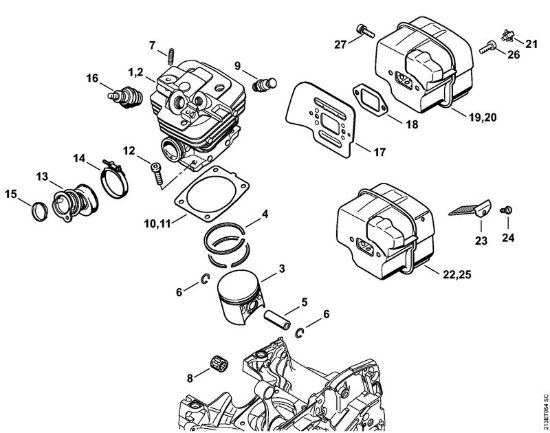 Cilindro, silenziatore Motoseghe a benzina (MS) MS 361 C-Q della marca STIHL