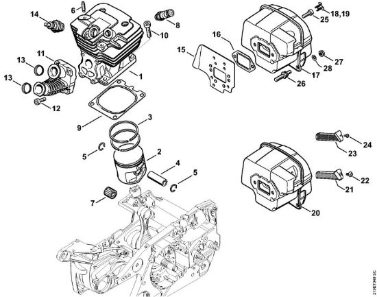 Cilindro, silenziatore Motoseghe a benzina (MS) MS 441 C-M della marca STIHL