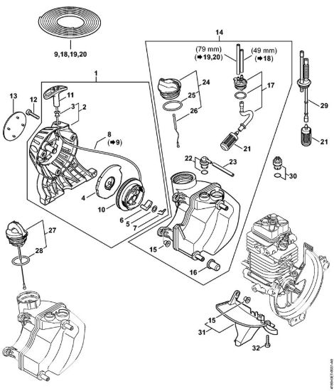Dispositivo di avviamento, serbatoio carburante Motori Kombi (KM) KM 100 R della marca STIHL