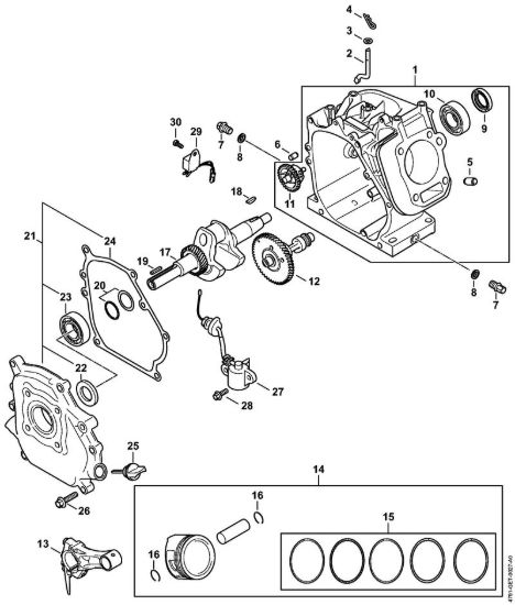 Carter albero a gomito, pistone, Albero a gomito, Sistema di lubrificazione Idropulitrice a benzina (RB) RB 600 della marca STIHL
