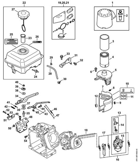 Serbatoio carburante, Carburatore, Comando gas, Corpo filtro, filtro aria Idropulitrice a benzina (RB) RB 600 della marca STIHL