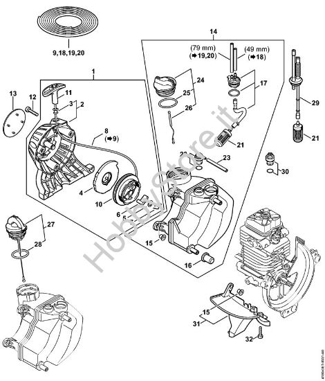 Dispositivo di avviamento, serbatoio carburante Motori Kombi (KM) KM 100 R della marca STIHL
