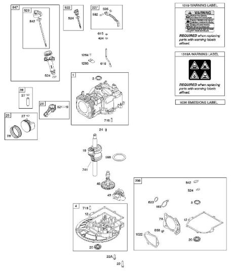 D - Albero a camme, albero motore, cilindro, set guarnizione, pistone/segmento pistone/biella, coppa ed etichetta indicazione di pericolo B&S - 09 €¦ 093J02-0062-H1 brand Stihl