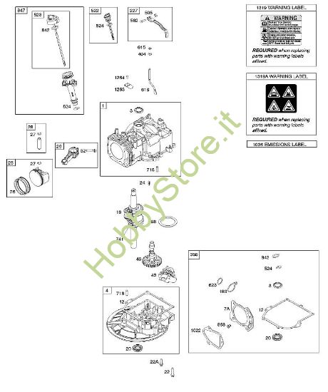 D - Albero a camme, albero motore, cilindro, set guarnizione, pistone/segmento pistone/biella, coppa ed etichetta indicazione di pericolo B&S - 09 €¦ 093J02-0062-H1 brand Stihl